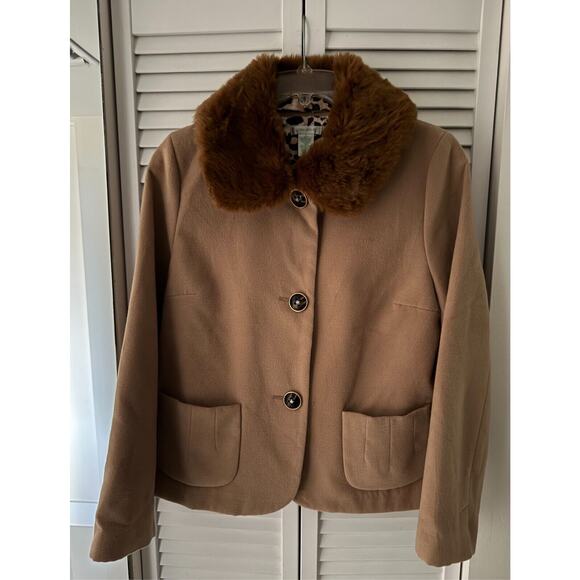 Laura Ashley Jacket/Coat Beige Leopard Print L Lining Removable Faux Fur Collar - Picture 2 of 5